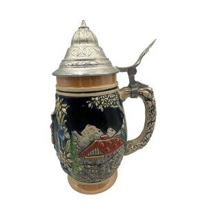 Vintage German Ceramic Beer Stein With Pewter Lid Hand-Painted Bavarian Design